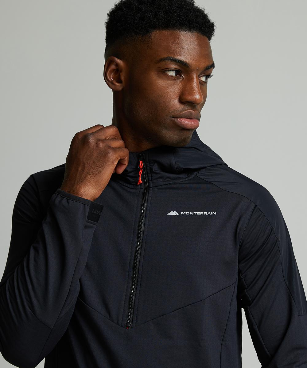 Dinar Gridded Quarter Zip Hoodie | Jet Black / Tangerine Tango